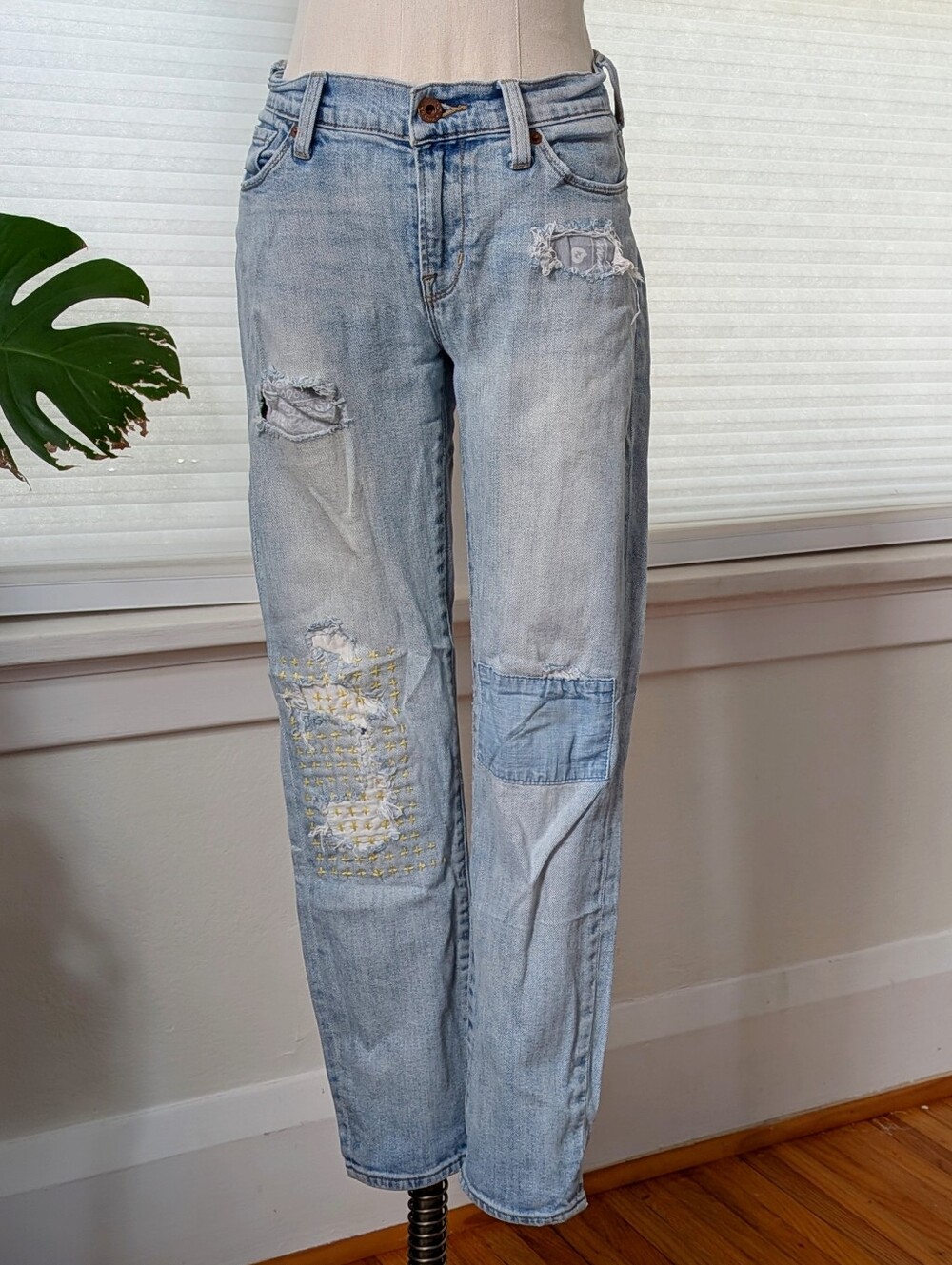 Upcycled Lucky Brand Embroidered Light Blue Distressed Boyfriend Jeans 4/27